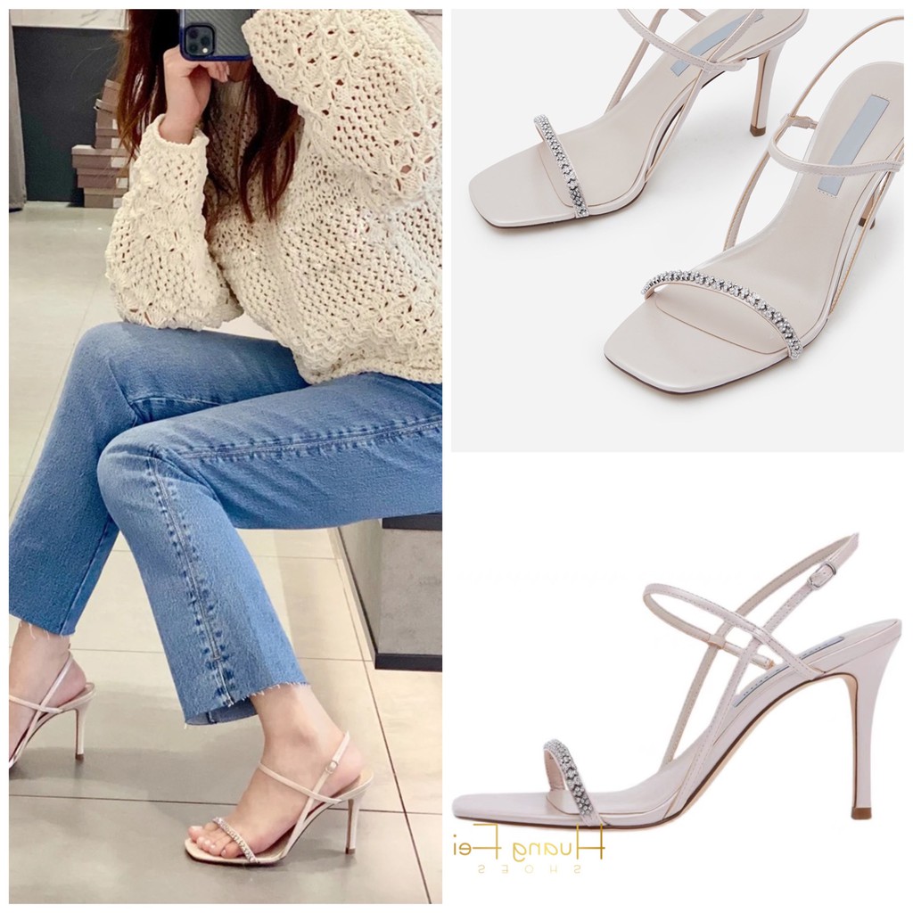 Giày Sandal Cao Gót Quai Mảnh HF22 Đính Hạt Gót Cao 8 cm