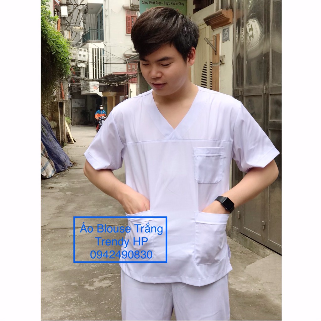 Bộ quần áo blouse y tá, dược sĩ nam cổ tim - bộ scrubs trắng bác sĩ