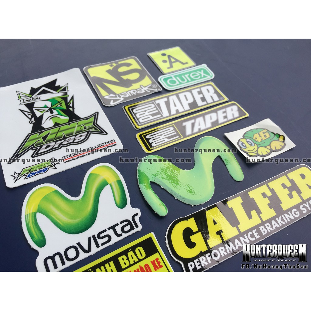 Bộ 11 logo xanh lá, decal dán xe máy, nón bảo hiểm... Sticker chống nước, bền màu. Hình dán