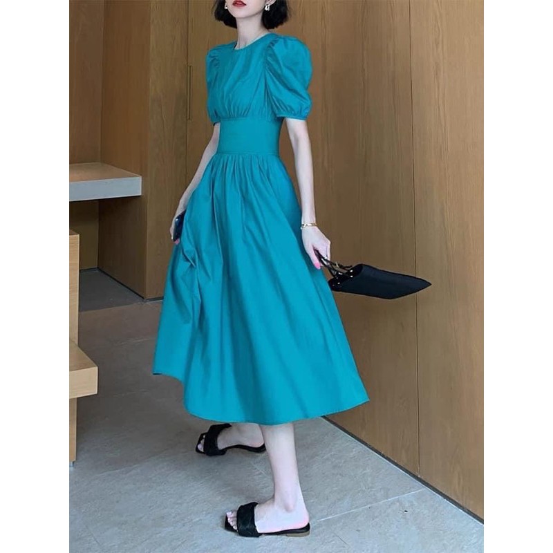 Đầm xanh vintage thô tay bồng dáng xoè nhẹ tiểu thư siêu xinh, Váy kiểu nữ dự tiệc sang trọng bo eo hàng đẹp | BigBuy360 - bigbuy360.vn