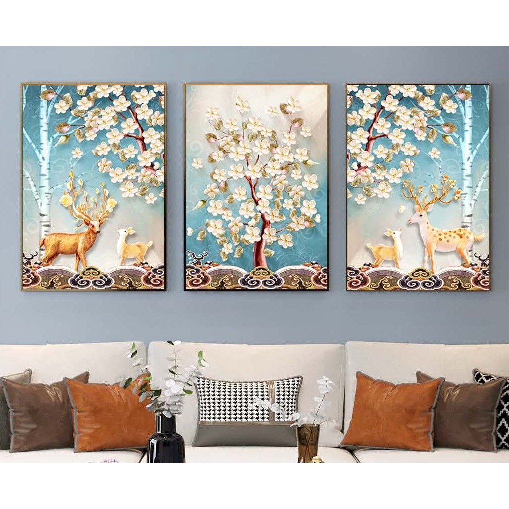 Bộ 3 Tranh Treo Tường Vải Canvas Lụa Kim Sa CAO CẤP Tranh Dán Tường Hươi Nai Sừng Hoa Tài Lộc - Trang trí Cầu Thang