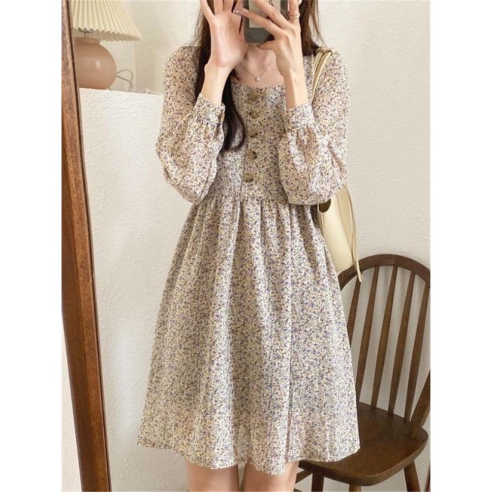 Váy babydoll hoa nhí dáng xòe tay dài, thiết kế vintage Ulzzang Hàn quốc SANMAY VD008