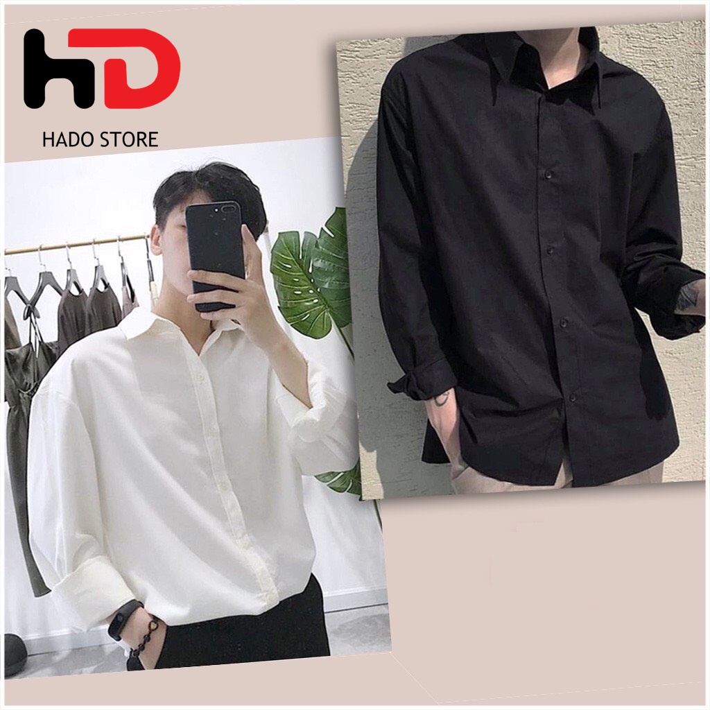 Áo sơ mi nam nữ dài tay Unisex Basic TRƠN Form rộng màu trắng và đen Chất cotton lụa mịn mát Bigsize HADO Store