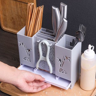Hộp đựng đũa muỗng 3 ngăn có khay thoát nước có thể dán treo tường tiết kiệm không gian cho người dùng