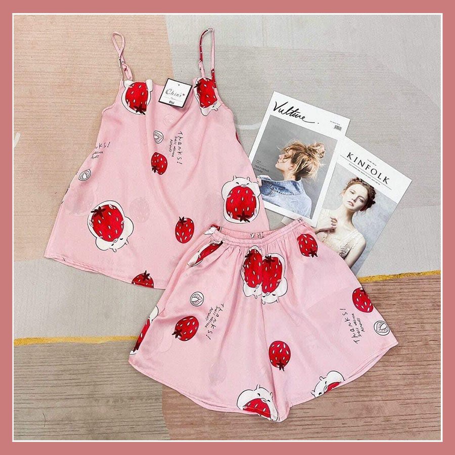 Đồ ngủ 2 dây nữ tính, chất liệu lụa, họa tiết hoa văn kiểu dáng dễ thương