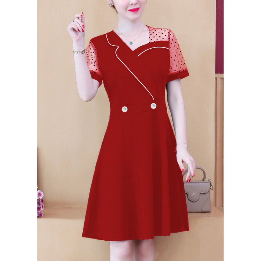 GOTI - Đầm Xòe Công Sở Thanh Lịch Kiểu Váy Cổ Vest Cách Điệu Phối Tay Chấm Bi Đính Nút 3295
