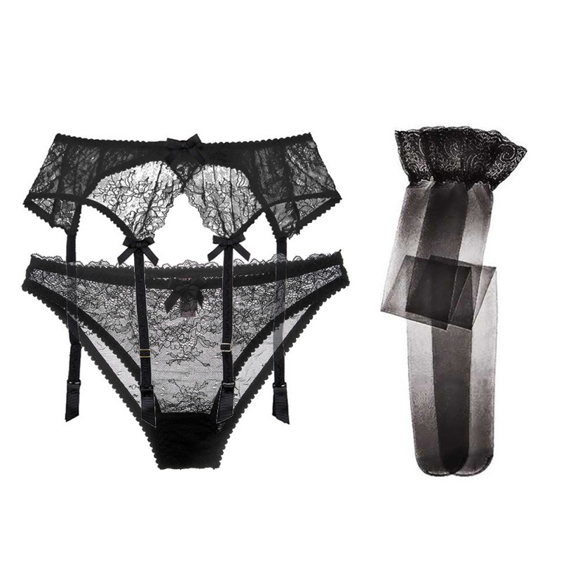 Set đai nịt quần lót và đôi vớ dài VARSBABY vải ren siêu mỏng xuyên thấu quyến rũ thời trang dành cho nữ