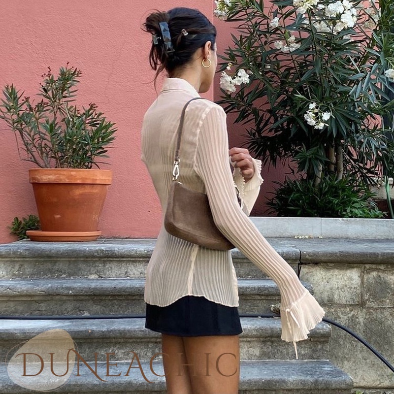 DUNEA Áo Sơ Mi Tay Dài Ống Loe Xẻ Tà Phối Nút Thời Trang Gợi Cảm Cho Nữ