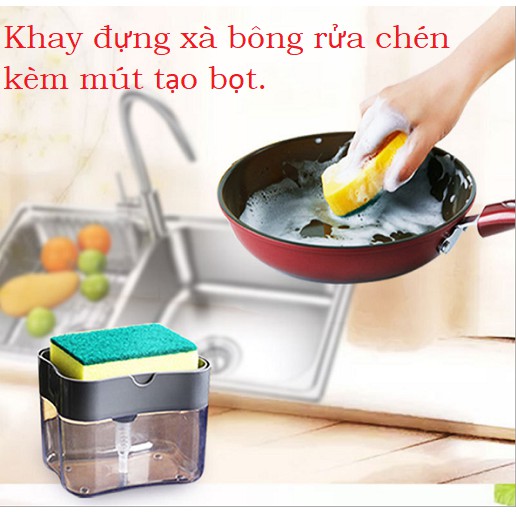 Khay đựng xà bông rửa chén, Hộp ấn lấy xà bông tiện lợi [tặng miếng rửa chén]