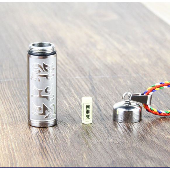 (Tặng kinh bình an) Mặt Dây chuyền inox hình trụ rỗng đựng kính chú có ron chống thấm nước + dây ngũ sắc may mắn