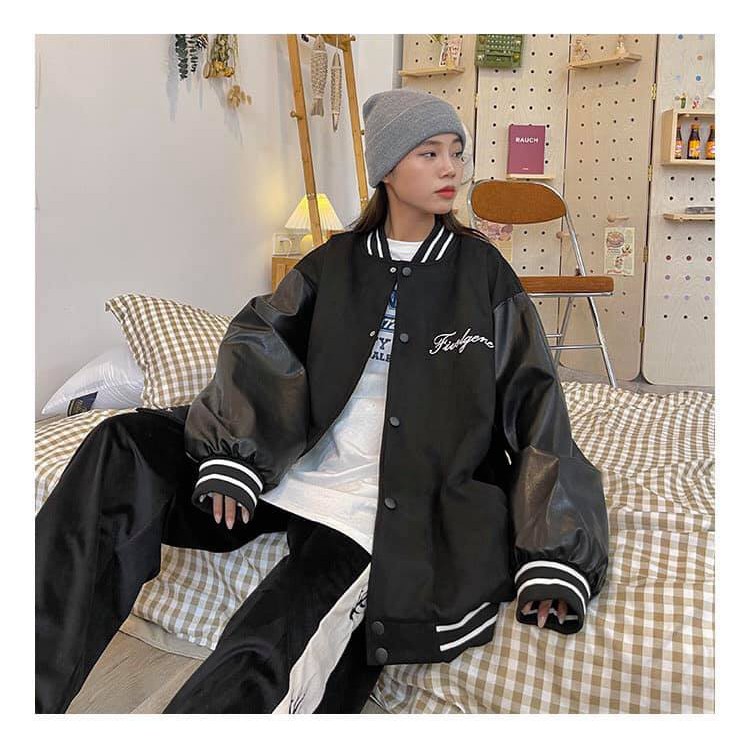 Khoác Nỉ Tay Phối Da Nam Nữ, Bomber Tay Da Unisex Form Rộng