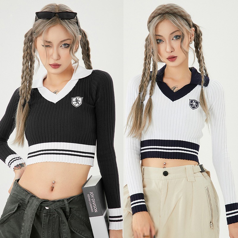 Áo Croptop Dệt Kim Tay Dài Thiết Kế Cổ Bẻ Thanh Lịch
