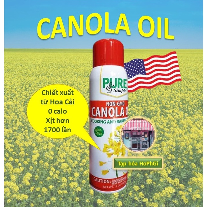 Date 2024 Dầu dạng xịt 0 calo (Xịt 1700 lần) - Pure & Simple cooking spray canola - từ Hoa Cải - Mỹ - 482ml
