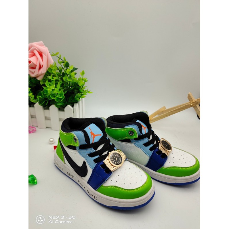 * Cổ phiếu sẵn sàng * Nike Air Jordan 1 Gold Watch Boy & Girl Shoes Giày bóng rổ Giày thể thao trẻ em Giày trẻ em