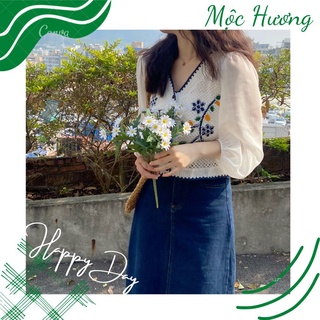 Áo len tay bồng cổ chữ V thêu hoa dịu dàng