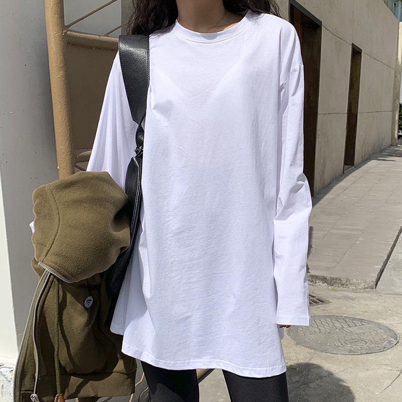 Áo thun tay dài màu trơn dáng rộng phong cách thiết kế Hàn Quốc