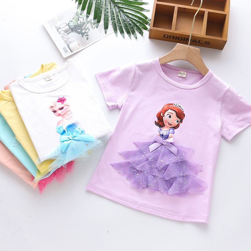 Áo thun tay ngắn họa tiết hoạt hình đính kim tuyến lấp lánh dễ thương cho bé gái