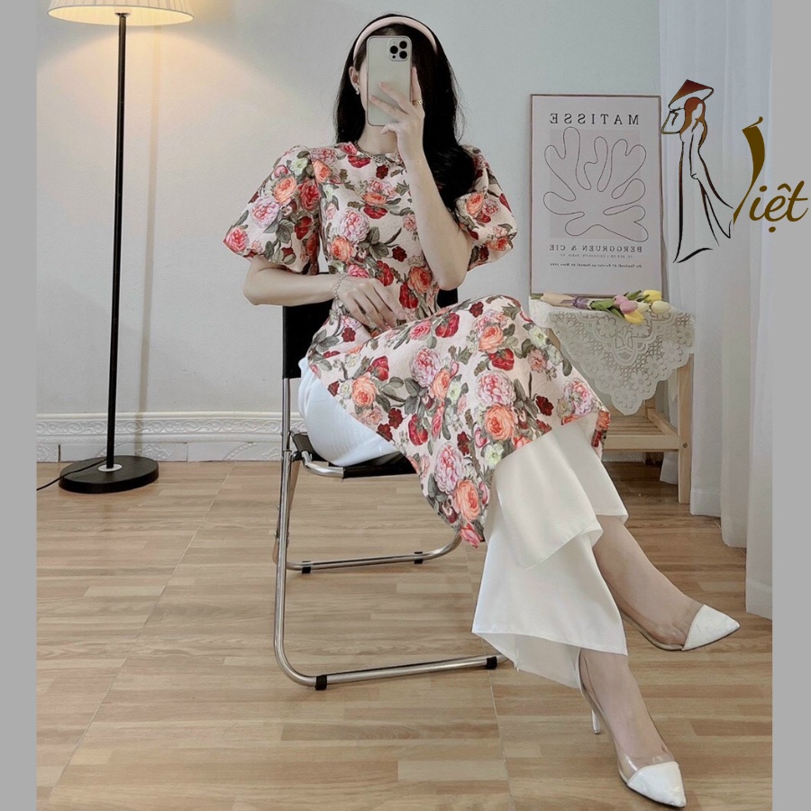 Áo dài cách tân nữ tay phồng hoa nhí tiểu thư đẹp may sẵn - Áo dài Việt