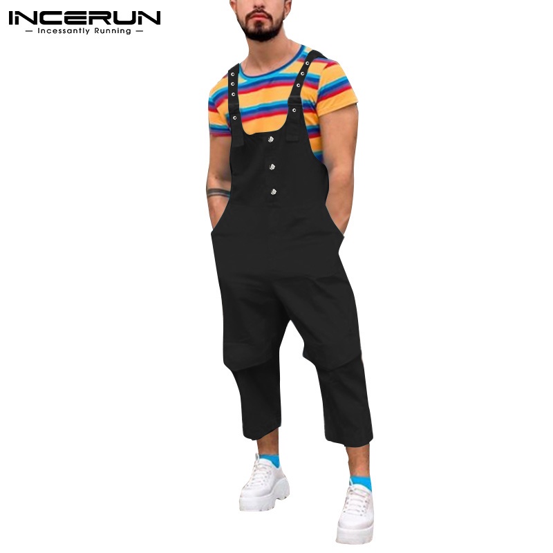 Jumpsuit INCERUN hai dây màu trơn có nhiều túi phong cách Châu Âu thời trang cho nam