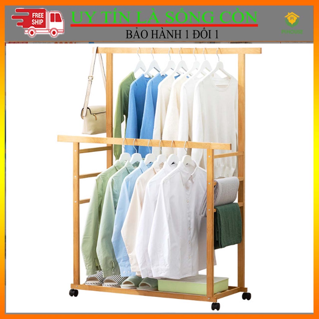 Giá kệ treo quần áo PiHouse gỗ tre cao cấp, phủ sơn bóng, có chỗ để giày, treo quần