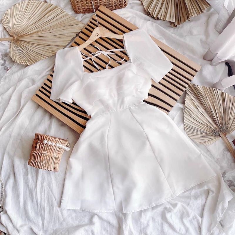 Váy dáng dài tay bồng  - Váy cổ vuông xếp ly bèo ngực dáng Babydoll nhẹ nhàng dễ thương để dự tiệc sam_sam_shop_1011