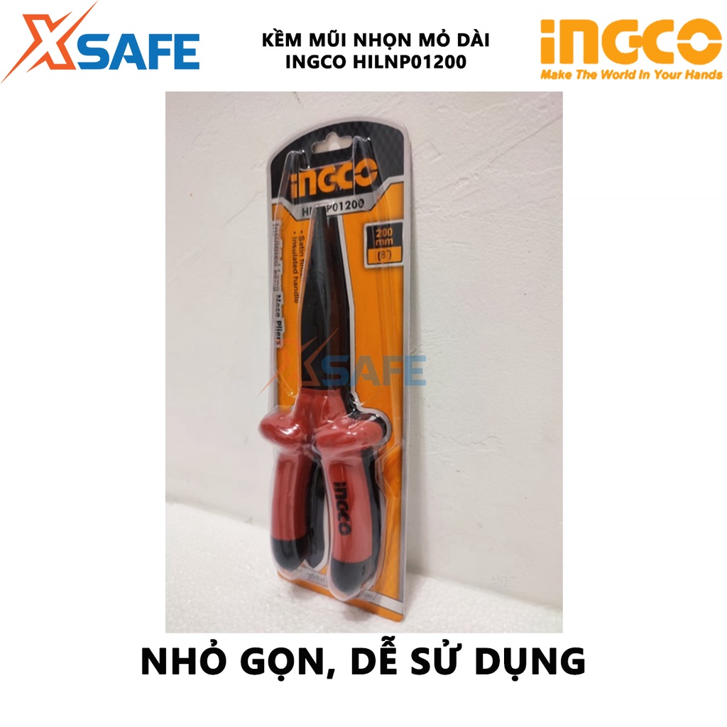 Kìm mũi nhọn mỏ dài cách điện INGCO HILNP01200 | kềm cách điện Kích thước 8 inch/200mm Tay cầm bọc nhựa chuyên dụng