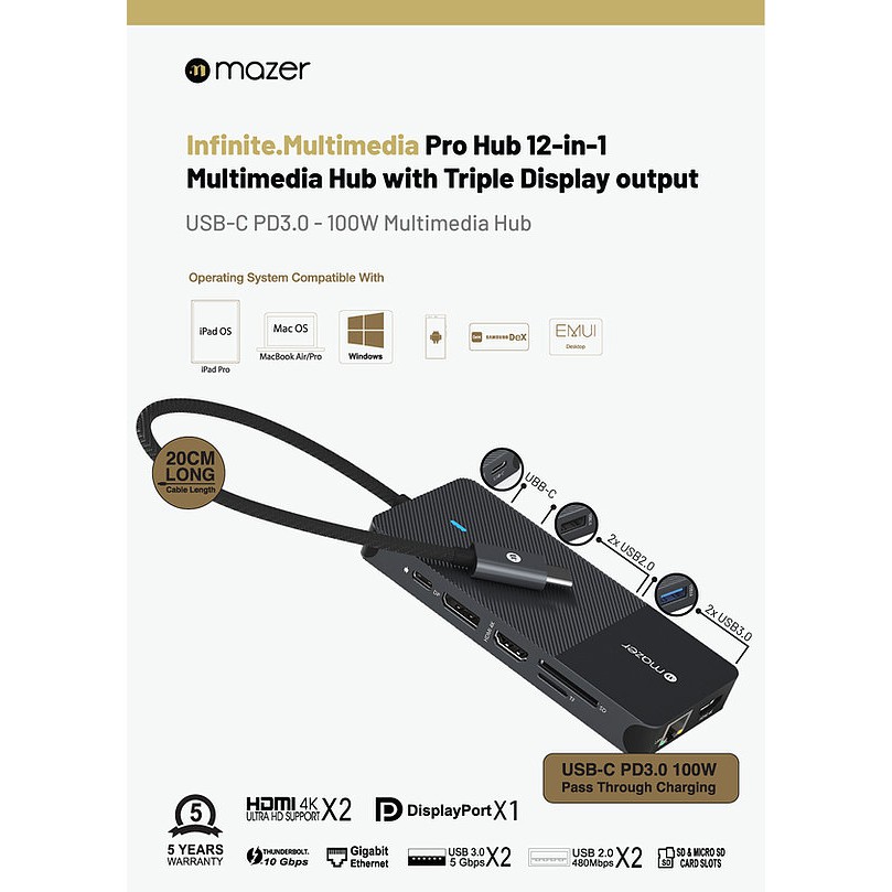 [BH 5 năm] Hub Chuyển Đổi Mazer Infinite Multimedia Pro Series 12 in 1 HDMI x2 xuất 3 màn hình