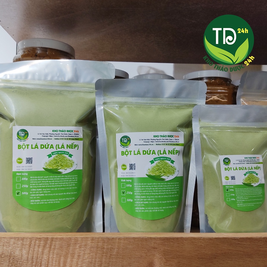 Bột lá dứa (lá nếp), tạo màu và mùi thơm tự nhiên cho xôi lá nếp, mứt dừa, thạch rau câu, các loại bánh, chè dưỡng nhan