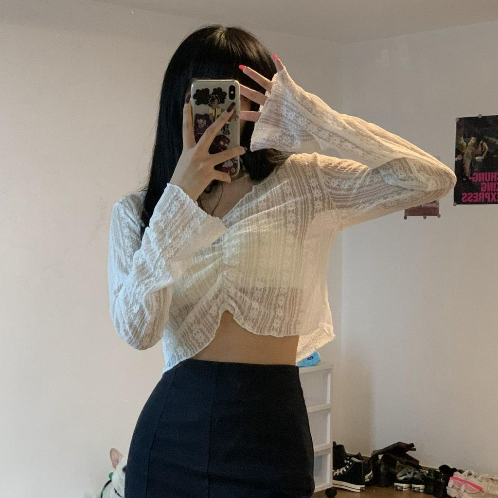 Áo croptop tay dài vải ren gợi cảm thời trang mùa hè cho bạn gái áo kiểu ren