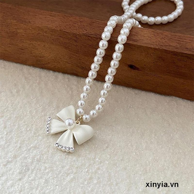 Vòng cổ Mặt Nơ Đính Ngọc Trai Cao Cấp Thời Trang Mùa Hè Dành Cho Bạn Gái