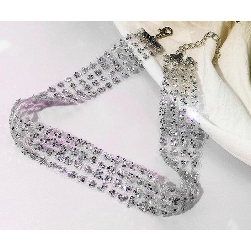 Vòng cổ choker bạc hạt liền lấp lánh dây chuyền phụ kiện thiết kế thời trang