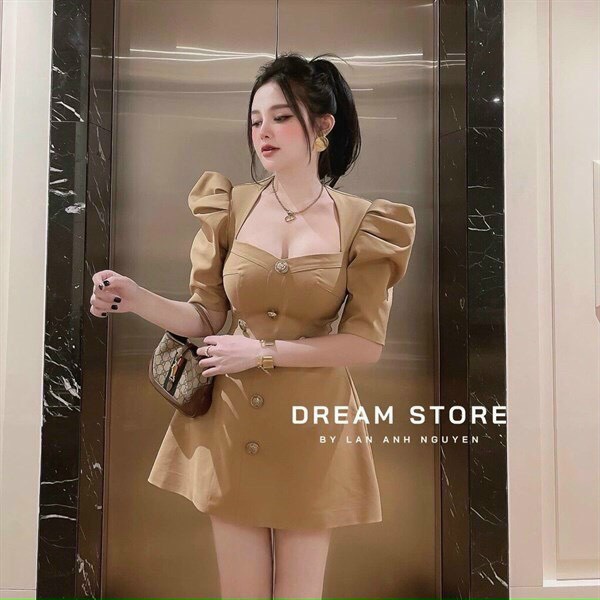 Đầm váy nữ dự tiệc dáng xòe thanh lịch dợ tiết đính nút 2 màu trẻ trung cá tính