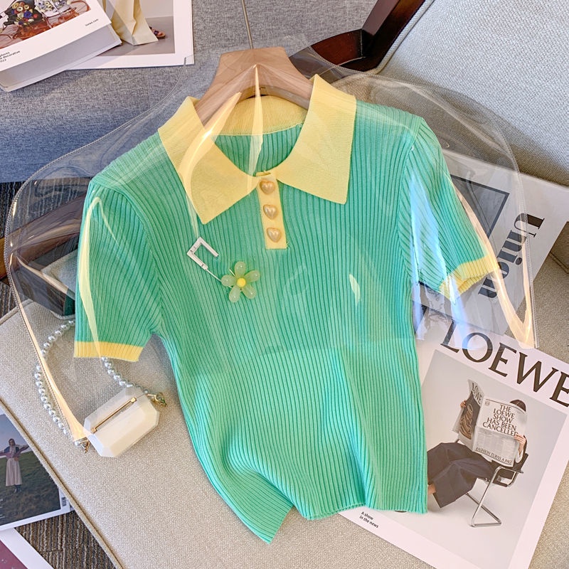 Áo polo Dệt Kim Tay Ngắn Màu Xanh Lá Thời Trang Mùa Hè Cho Nữ