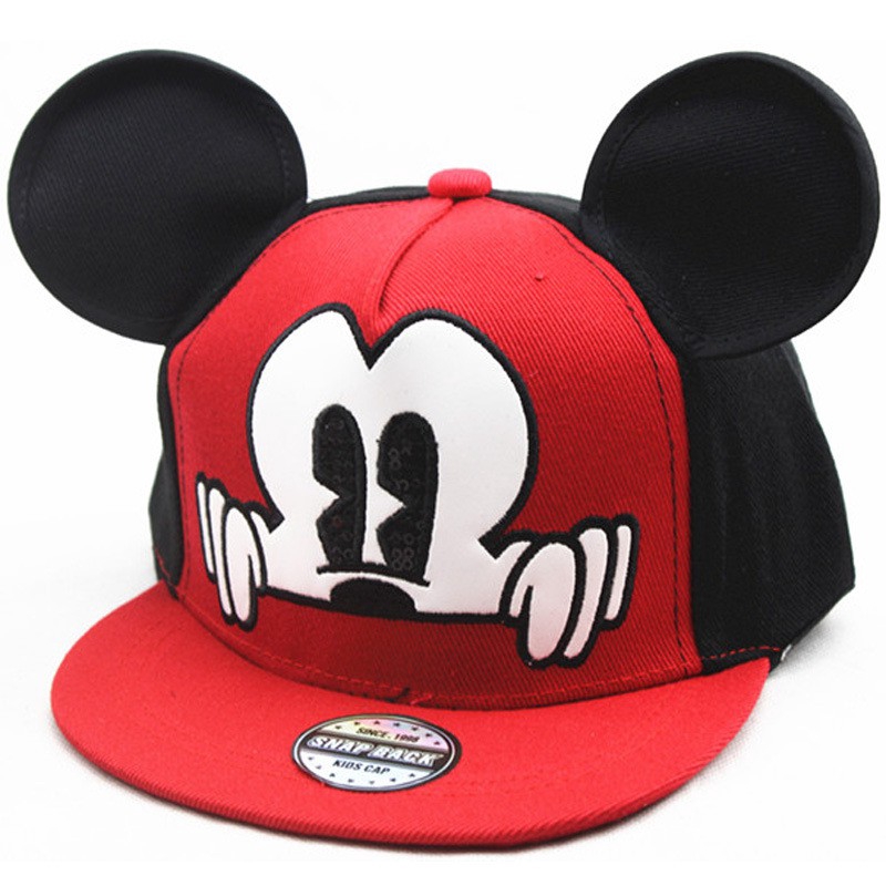 Mũ Snapback phối lưới họa tiết Mickey hoạt hình có tai dễ thương phong cách Hip-Hop cho bé trai và bé gái 3-8 tuổi