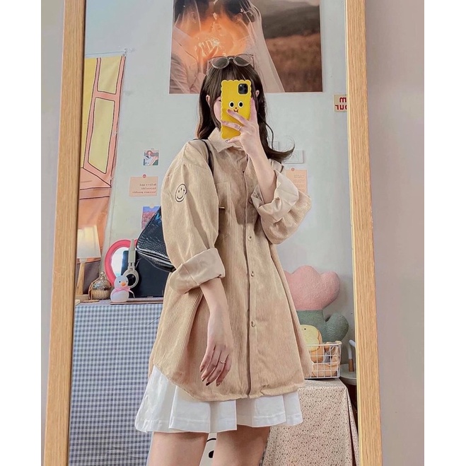 Sơ mi nhung tăm thêu mặt cười