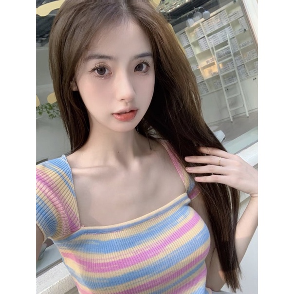 áo len dệt kim cổ vuông kiểu phối màu nổi bật (70117#)