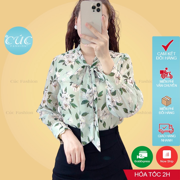 Áo sơ mi nữ Cúc Fashion sơmi kiểu dài tay buộc nơ cao cấp chuẩn thời trang công sở đi học màu hoa trắng đỏ đẹp A1038