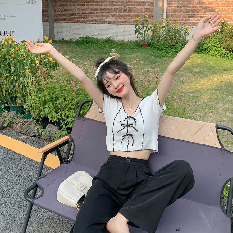 Áo thun ZHELIHANGFEI ngắn tay thắt nơ xinh xắn thời trang