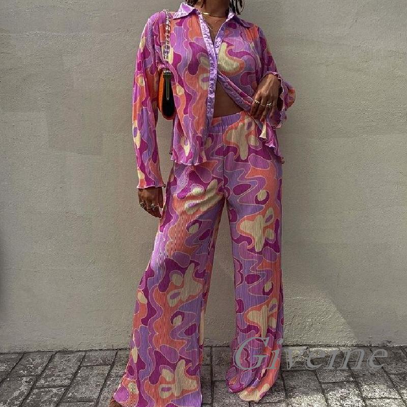 Set 2 Món Áo Sơ Mi Tay Dài In Họa Tiết Hoa/Sân Cây Phối Quần Dài Dáng Rộng Thời Trang Cho Bạn Gái