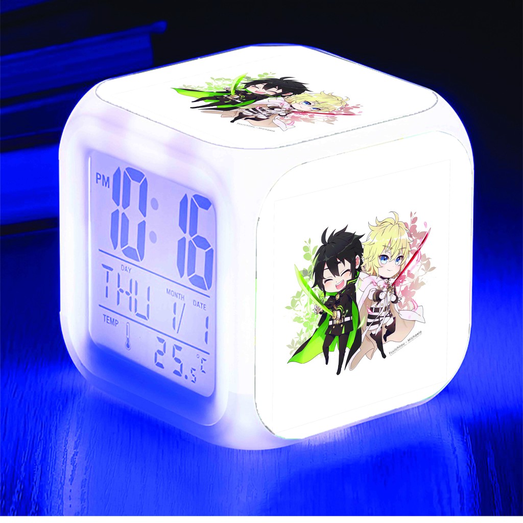 Đồng hồ báo thức để bàn in hình Owari no seraph THIÊN THẦN DIỆT THẾ đèn LED đổi màu anime chibi