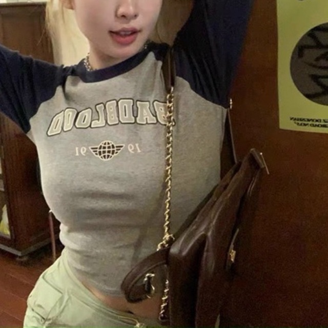 Áo Croptop 19 BADBLOOD GB thể thao cổ tròn tay dài phối màu Nữ Chất Thun gân kiểu hàn quốc - alohashop91