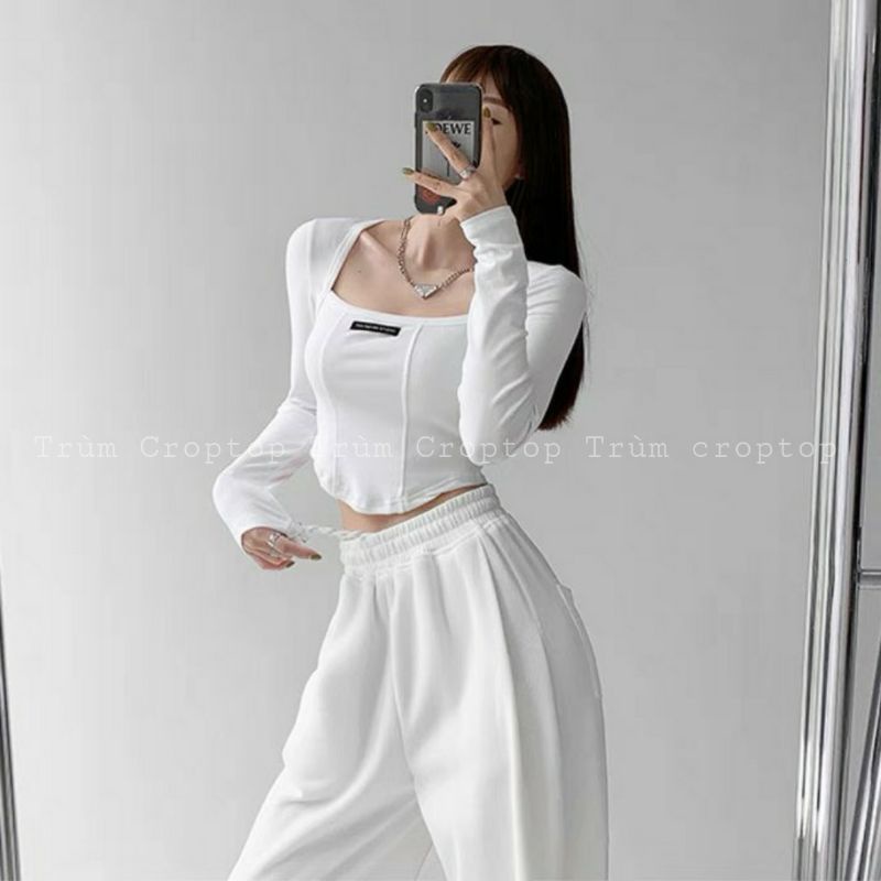 Áo croptop tay dài cổ vuông vạt bầu gắn tag ôm body 3 màu đen trắng xám chất len tăm dưới 53kg