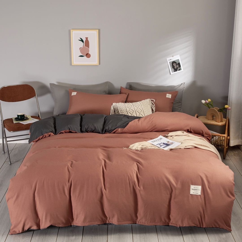 BỘ CHĂN GA GỐI COTTON TICI CAO CẤP ( CHĂN ĐÃ TRẦN BÔNG) MÀU CAM GHI - ĐỦ KÍCH THƯỚC