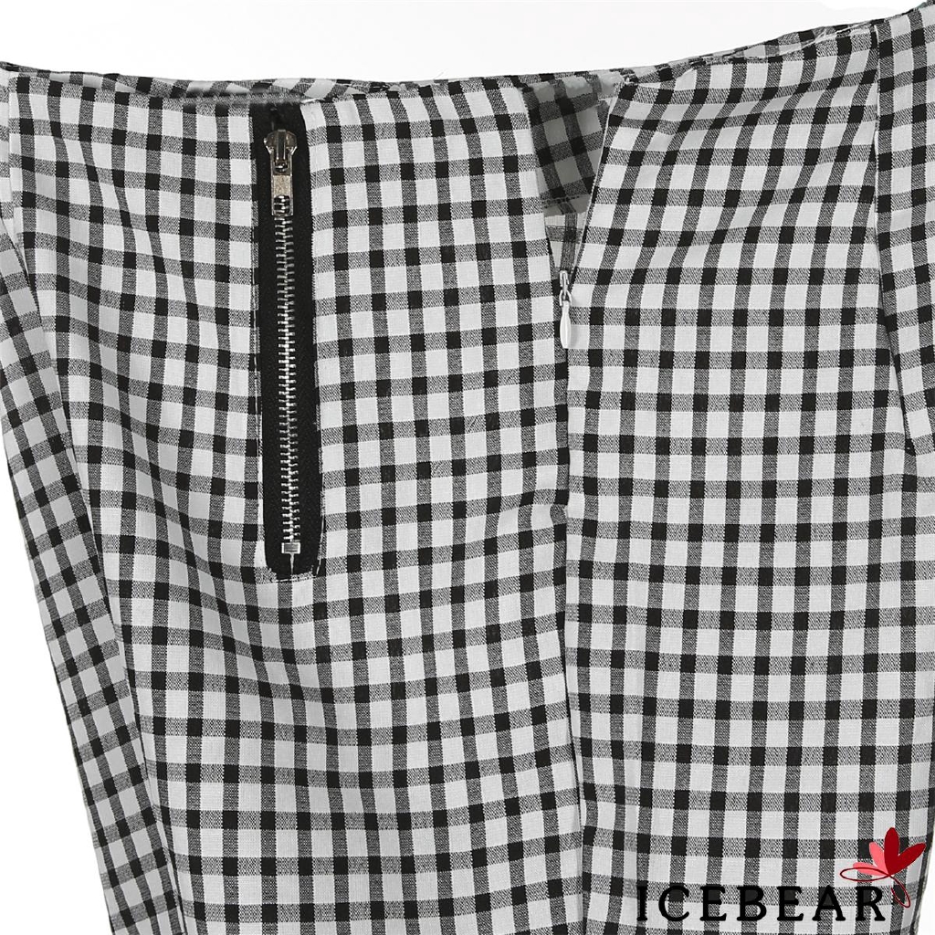 A2R-Fashion Women High Waist Black White Zip-up Plaid Sexy Long Pants Sweatpants