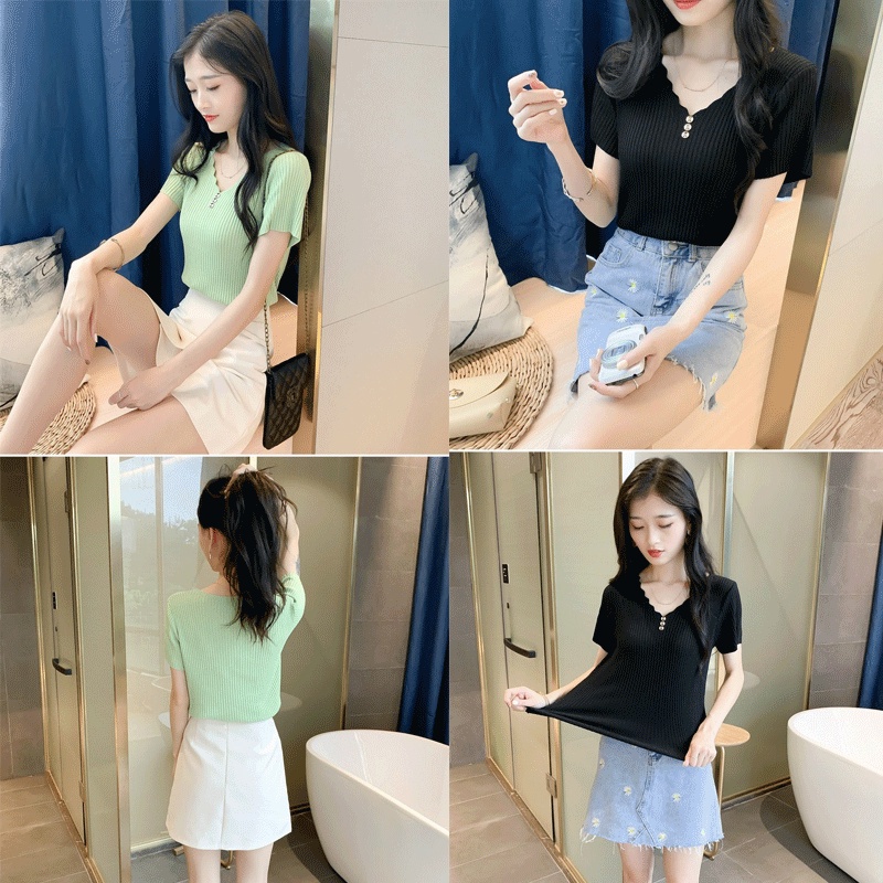 Áo Tank Top Dệt Kim Cổ Chữ V Màu Trơn Dáng Ôm Thời Trang Cho Bạn Gái