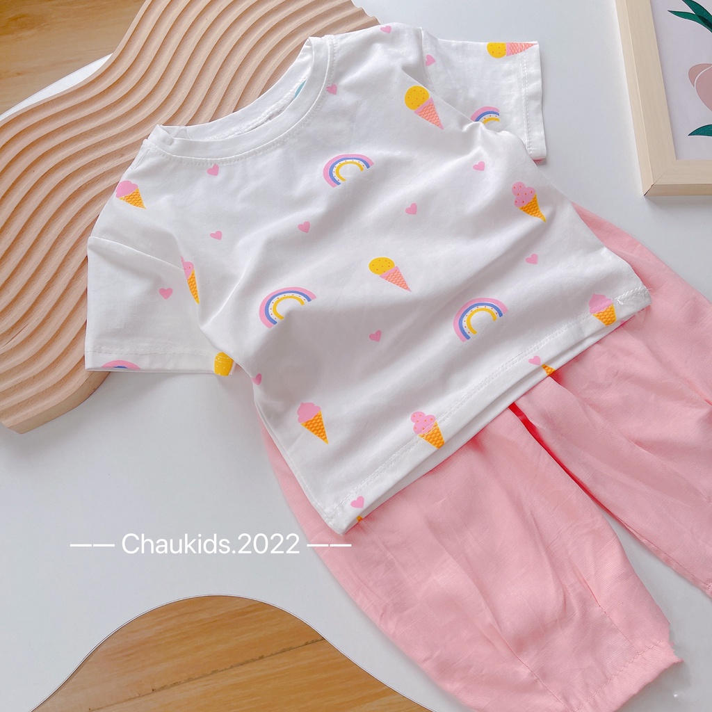 Set Áo Thun Cotton Tay Ngắn + Quần Hồng❤M0022❤Thời Trang Mùa Hè Hàn Quốc Cho Bé Gái