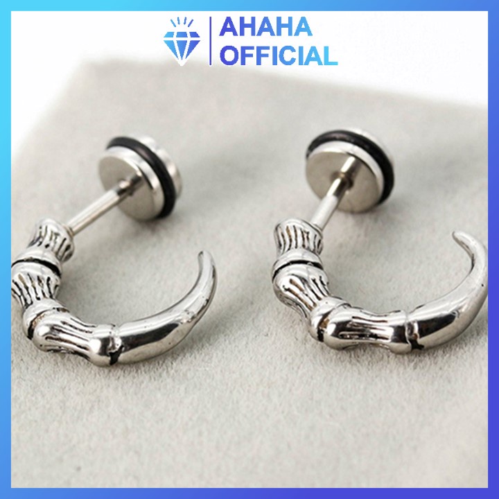 Bông tai nam inox cao cấp đẹp kiểu móng vút đại bàng ahaha.officical màu trắng thép không gỉ PTBTNA167