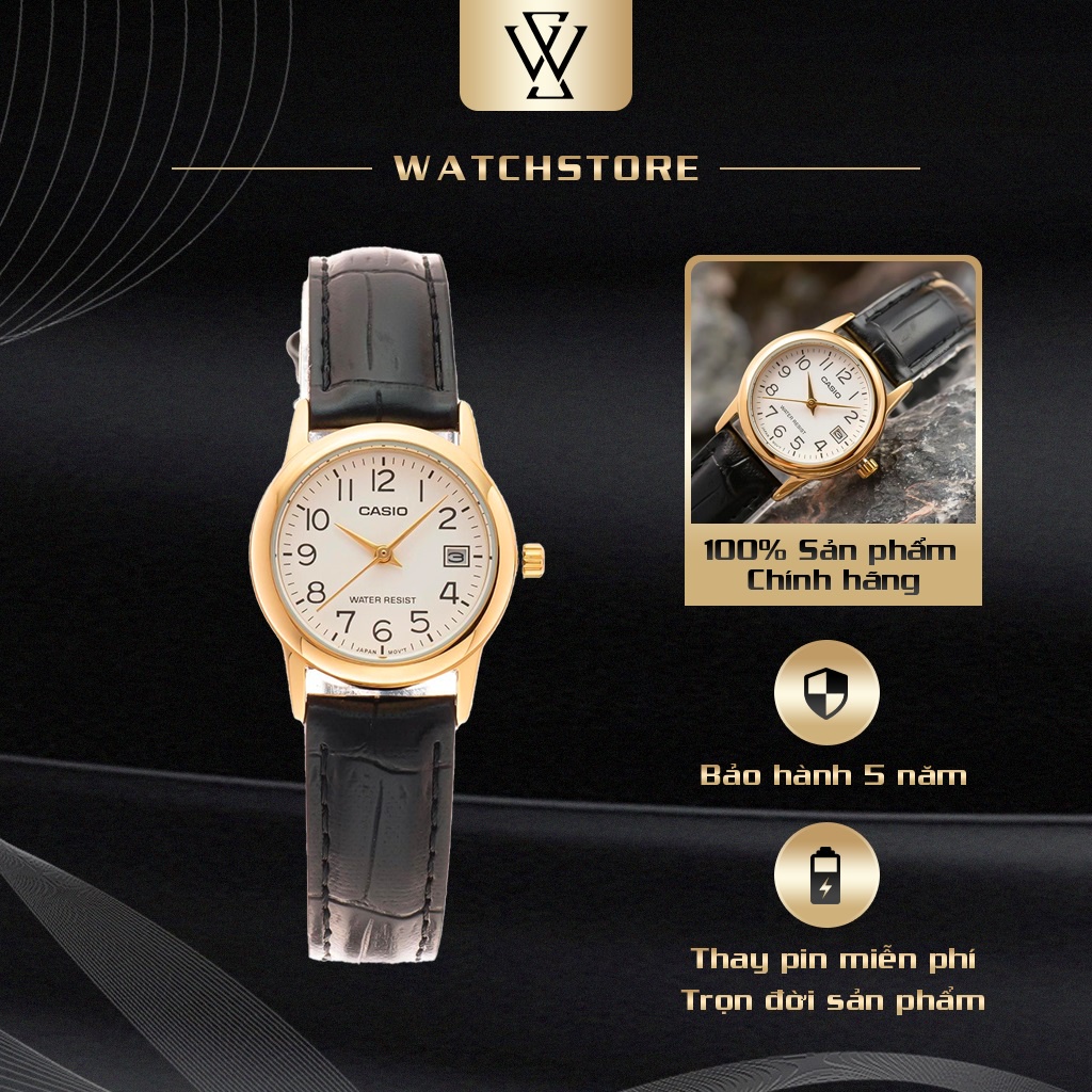 Đồng Hồ Quartz Nữ Casio WATCHSTORE LTP-V002GL-7B2UDF Thiết Kế Mặt Tròn Kính Khoáng 25mm, Dây Da, Vỏ Thép Không Gỉ