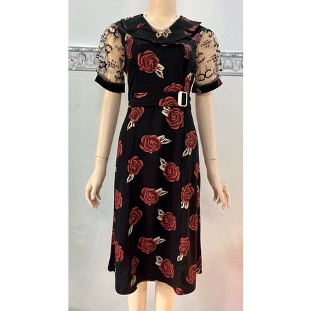 Đầm cổ vest kèm đai phụ kiện Váy trung niên váy cho mẹ