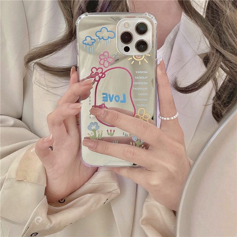 Ốp điện thoại tráng gương in hoa graffiti và chữ love cho iPhone Xs Max 11 / 12pro / Max / X / XS / XR / SE